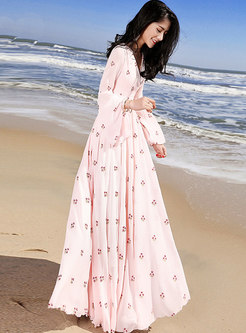 Embroidered Floral Flare Sleeve Slim Maxi Dress
