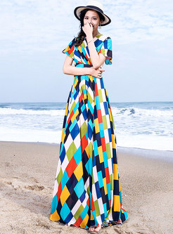 Fashion Color-bolcked Short Sleeve Beach Maxi Dress