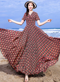 Stylish Beach Print V-neck Slim Maxi Dress