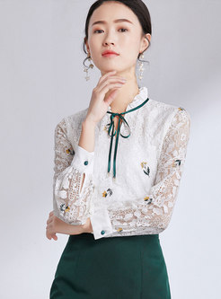 Lace Embroidered Stand Collar Slim Blouse