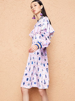 Stylish Falbala Long Sleeve Print Dress