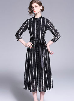 Fashion Slim Striped Bowknot Waist Dress
