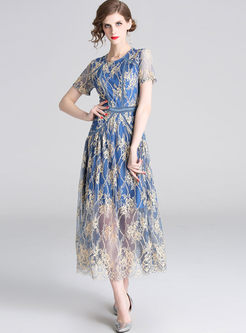 Short Sleeve Embroidered Lace Maxi Dress