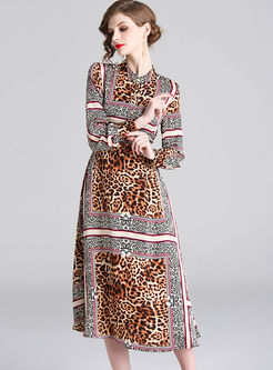 Standing Collar Single-breasted Leopard Dress