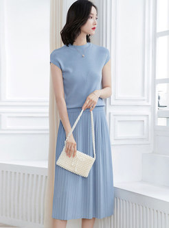 Solid Color Sleeveless Knitted Top & High Waist Skirt