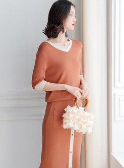 Color-blocked V-neck Knitted Top & Tie-waist Slit Bodycon Skirt