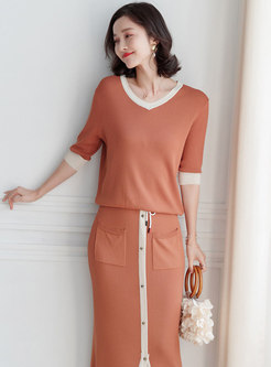 Color-blocked V-neck Knitted Top & Tie-waist Slit Bodycon Skirt