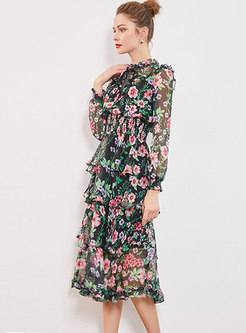 Stylish Standing Collar Mesh Floral Print Dress