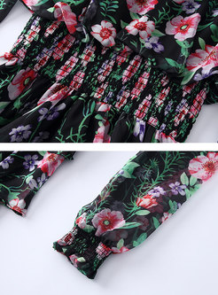 Stylish Standing Collar Mesh Floral Print Dress