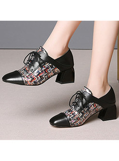 Stylish Square Toe plicing Lace Up Shoes