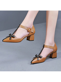 Women Color-blocked Bowknot Chunky Heel Shoes