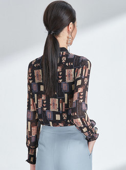 Elegant Print Stand Collar Single-breasted Blouse