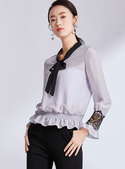 Color-blocked Tie-collar Flare Sleeve Pullover Blouse