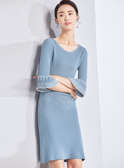 Brief O-neck Flare Sleeve Slim Knitted Dress