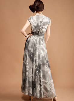 Ink print V-neck Short Sleeve Maxi Dress