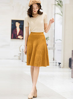 Pure Color Elastic Waist Knitted A Line Skirt