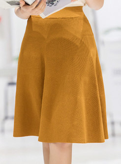 Pure Color Elastic Waist Knitted A Line Skirt