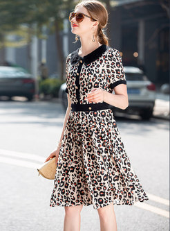 Leopard Lace Splicing Lapel A line Dress