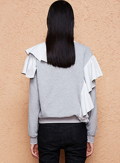 Casual Falbala Long Sleeve Print Sweatshirt