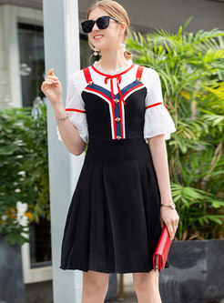 Sweet Sheath Bowknot Fake Two-Pieces Pleated Dress