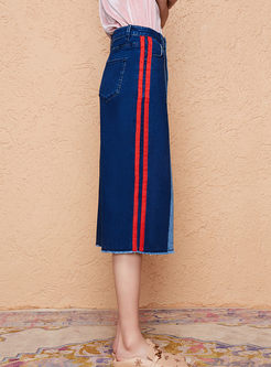 Color-blocked High Waist Denim Maxi Skirt