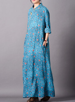 Vintage Floral Stand Collar Loose Maxi Dress