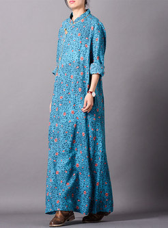 Vintage Floral Stand Collar Loose Maxi Dress