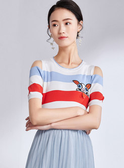 Striped Off Shoulder Cartoon Pattern Knitted Top