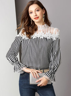 Mesh Striped Patchwork Flare Sleeve Blouse
