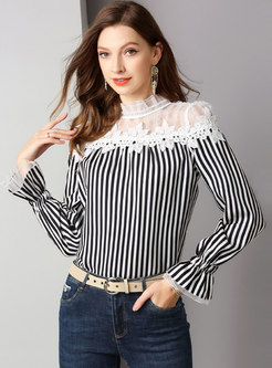 Mesh Striped Patchwork Flare Sleeve Blouse
