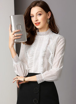Solid Color Lace Standing Collar Embroidered Blouse