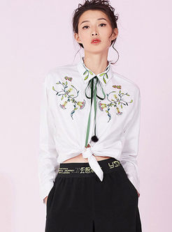 Brief White Lapel Embroidered Blouse