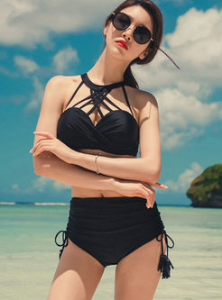 Sexy Backless Tied Solid Color Bikini