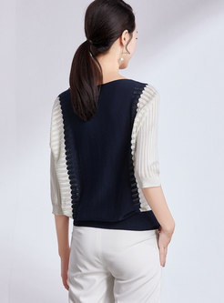 Color-blocked V-neck Bat Sleeve Knitted Sweater