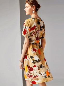 Fashion O-neck Short Sleeve Print Silk Dress
