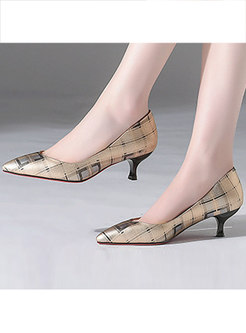 Stylish Plaid Pointed Toe Genuine Leather Shoes