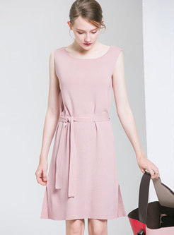 Pure Color Sleeveless Belted Side-slit Knitted Dress