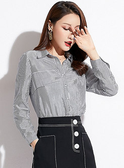 Striped Patchwork Lapel Single-breasted Blouse