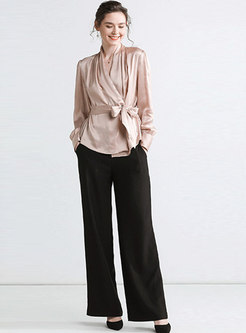 Chic Solid Color V-neck Tie-waist Silk Blouse
