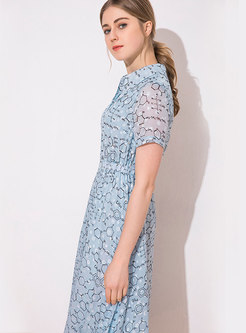 Brief Floral Print Turn-down Collar Maxi Dress