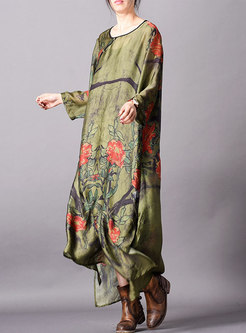 Vintage Print O-neck Side-slit Loose Maxi Dress With Cami