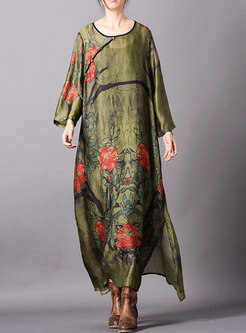 Vintage Print O-neck Side-slit Loose Maxi Dress With Cami