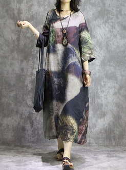 Fashion Vintage O-neck Print Maxi Dress