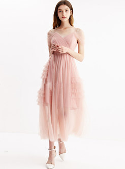 Stylish Pink V-neck Gathered Waist Gauze Slip Dress