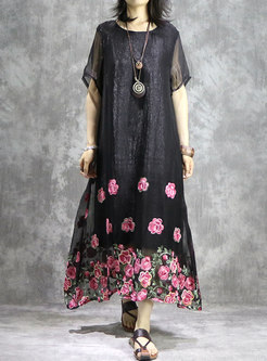 Casual Black Asymmetric Embroidered Flower Maxi Dress