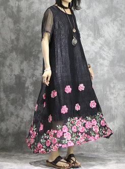 Casual Black Asymmetric Embroidered Flower Maxi Dress