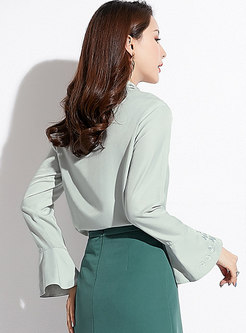 Flare Sleeve Embroidered Lapel Single-breasted Blouse