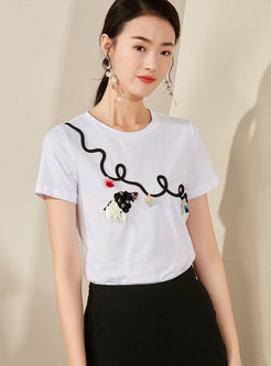 Brief White Stereoscopic Decoration Cotton T-shirt