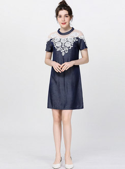 Mesh Splicing Embroidered O-neck Shift Dress