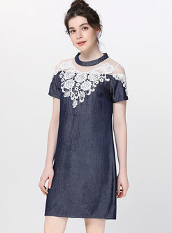 Mesh Splicing Embroidered O-neck Shift Dress